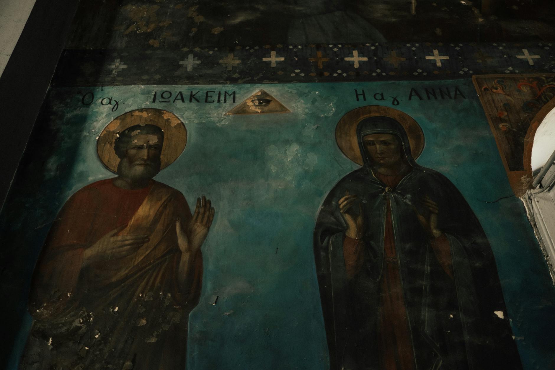 Fresk z prawosławnymi świętymi Joachimem i Anną w tradycyjnym stylu