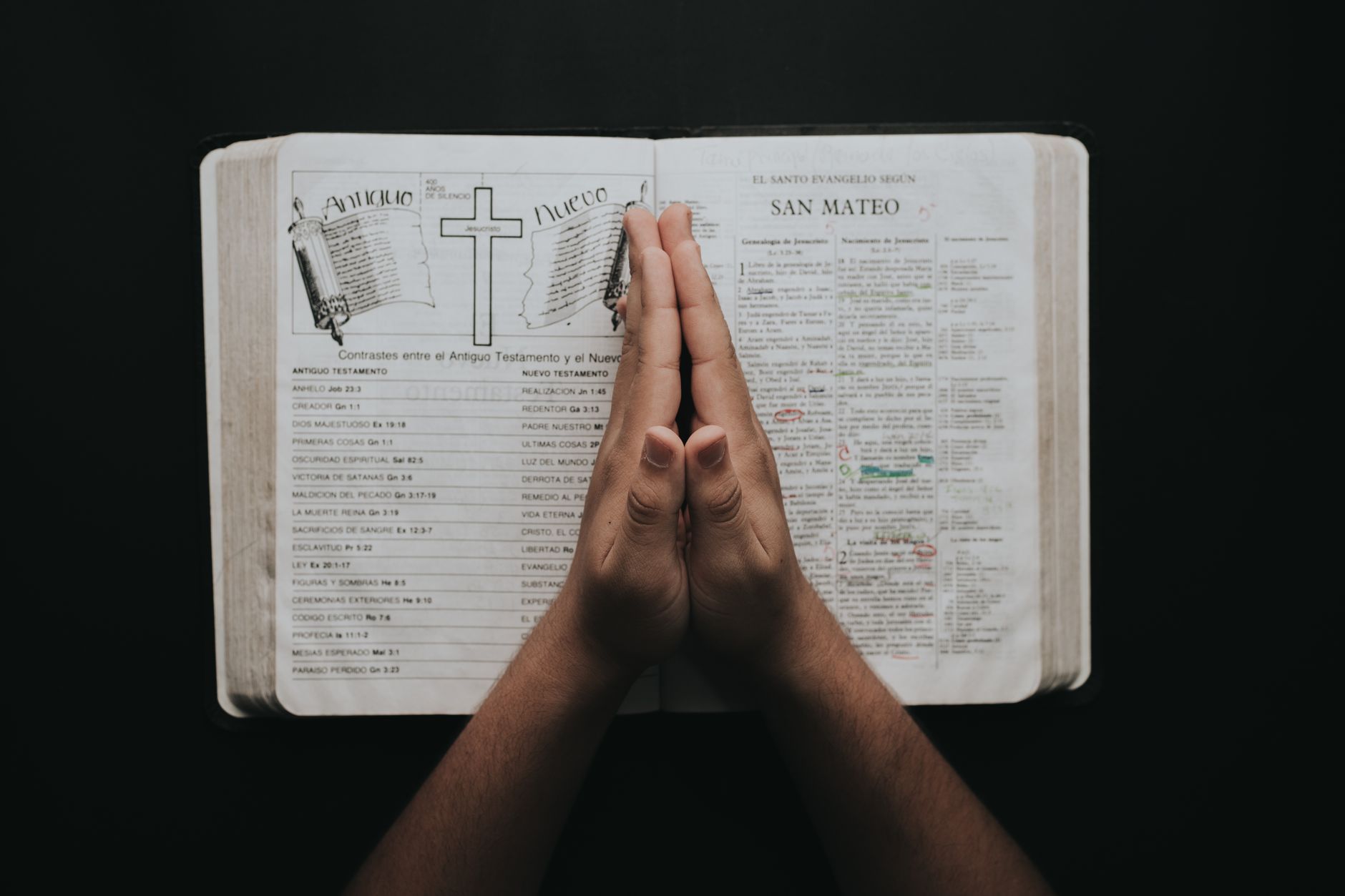 Złożone dłonie w modlitwie na otwartej Biblii z Ewangelią Mateusza
